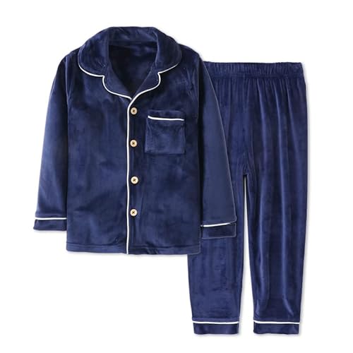 Machbaby Kinder Zweiteiler Schlafanzug Langarm Flanell Pyjama Set für Jungen Mädchen Hausanzug mit Knopfleiste(Navy,120) von Machbaby