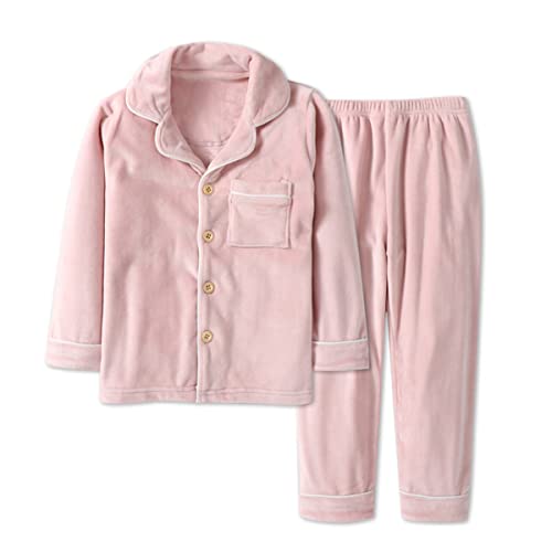 Machbaby Kinder Zweiteiler Schlafanzug Langarm Flanell Pyjama Set für Jungen Mädchen Hausanzug mit Knopfleiste(Rosa,170) von Machbaby