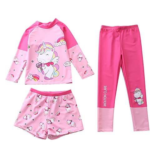 Mädchen Badeanzug 3-Teiliges Set Kinder Langarm Tankini Badeanzüge Pool Party Bademode UPF 50+ UV Schützend Sonnenschutz Schwimmanzug(Einhorn,XL) von Machbaby