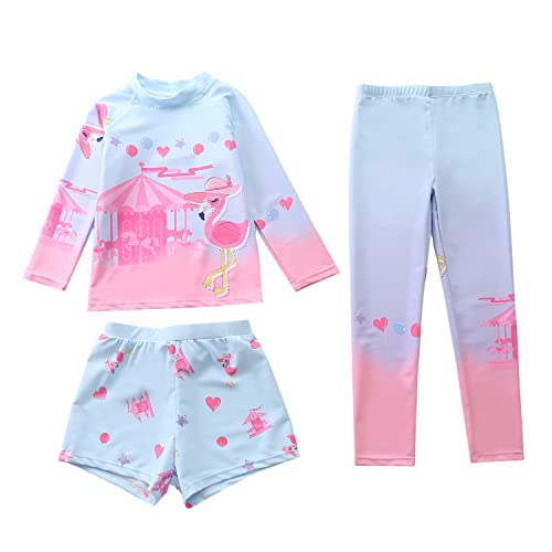 Machbaby Mädchen Badeanzug 3-Teiliges Set Kinder Langarm Tankini Badeanzüge Pool Party Bademode UPF 50+ UV Schützend Sonnenschutz Schwimmanzug(Flamingo,3XL) von Machbaby