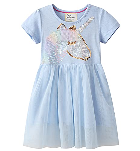 Machbaby Mädchen Baumwolle Kleider Karikatur Stickerei Sommer Freizeit Party Kurzarm Prinzessin Kleid 2-7 Jahre(Typ 4,5-6Jahre) von Machbaby