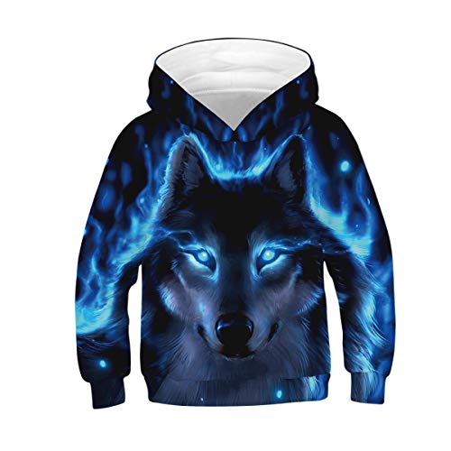 Machbaby Unisex Kinder 3D Druck Kapuzenpullover Langarm Jungen Mädchen Hoodie Sweatshirt Kapuzenjacke Mit Taschen 5-14 Jahre(Blauer Wolf,9-10 Jahre) von Machbaby