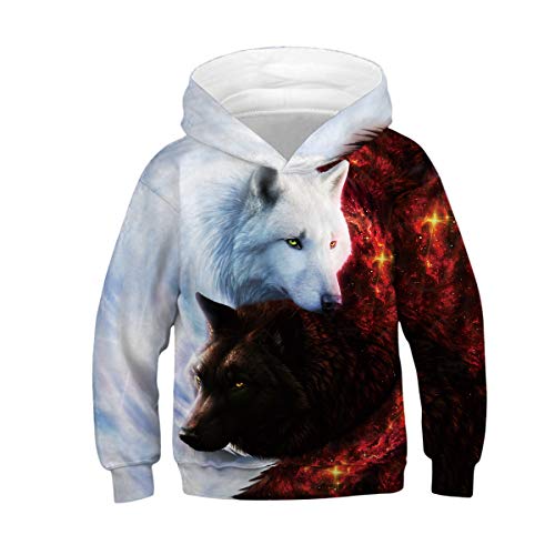 Machbaby Unisex Kinder 3D Druck Kapuzenpullover Langarm Jungen Mädchen Hoodie Sweatshirt Kapuzenjacke Mit Taschen 5-14 Jahre(Weißer Wolf/brauner Wolf,13-14 Jahre) von Machbaby