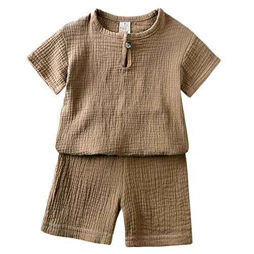 Machbaby Unisex Kinder Baumwolle Leinen Kurzarm T-Shirt und Kurze Hose 2-teiliges Set Sommer Bekleidungsset Lässiges Outfits 1-8 Jahre(Braun,140) von Machbaby