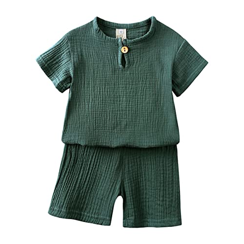 Machbaby Unisex Kinder Baumwolle Leinen Kurzarm T-Shirt und Kurze Hose 2-teiliges Set Sommer Bekleidungsset Lässiges Outfits 1-8 Jahre(Dunkelgrün,110) von Machbaby