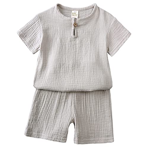 Machbaby Unisex Kinder Baumwolle Leinen Kurzarm T-Shirt und Kurze Hose 2-teiliges Set Sommer Bekleidungsset Lässiges Outfits 1-8 Jahre(Grau,140) von Machbaby