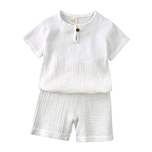 Machbaby Unisex Kinder Baumwolle Leinen Kurzarm T-Shirt und Kurze Hose 2-teiliges Set Sommer Bekleidungsset Lässiges Outfits 1-8 Jahre(Weiß,130) von Machbaby