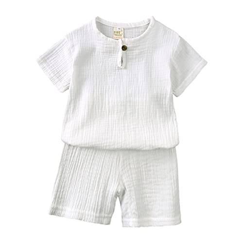 Machbaby Unisex Kinder Baumwolle Leinen Kurzarm T-Shirt und Kurze Hose 2-teiliges Set Sommer Bekleidungsset Lässiges Outfits 1-8 Jahre(Weiß,90) von Machbaby