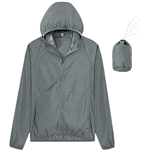 Machbaby Unisex Leicht Sonnenschutz Jacke Schnelltrocknend Wasserdichte Windbreaker mit Kapuze Regenjacke Laufjacke(Grau,XL) von Machbaby