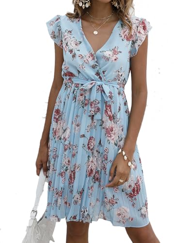 Sommerkleid Damen Puffärmel Blumenkleid Quadrat-Ausschnitt Kurzarm Freizeitkleid Knielang A-Linie Beach Midikleid(Blau,XL) von Machbaby