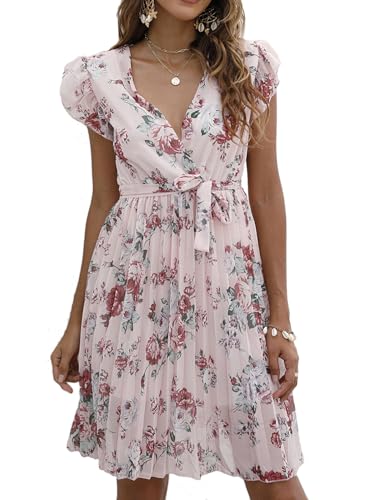 Sommerkleid Damen Puffärmel Blumenkleid Quadrat-Ausschnitt Kurzarm Freizeitkleid Knielang A-Linie Beach Midikleid(Rosa,2XL) von Machbaby