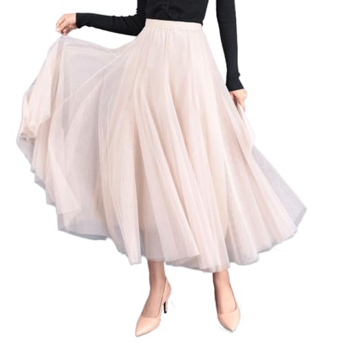 Tüllrock Damen A-Linie Elastischer Hoher Bund Midirock Mesh Großer Saum Langer Rock Elegant Faltenrock Sommerrock,Aprikose von Machbaby