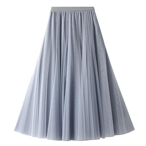 Tüllrock Damen A-Linie Elastischer Hoher Bund Midirock Mesh Großer Saum Langer Rock Elegant Faltenrock Sommerrock,Grau von Machbaby