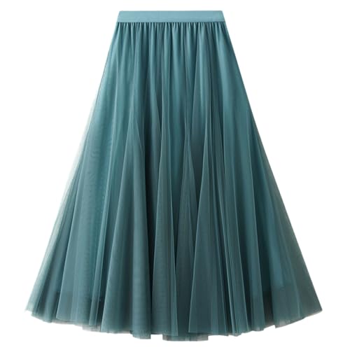 Tüllrock Damen A-Linie Elastischer Hoher Bund Midirock Mesh Großer Saum Langer Rock Elegant Faltenrock Sommerrock,Seegrün von Machbaby