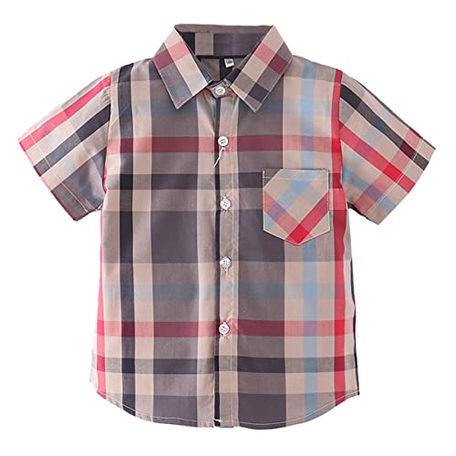 Unisex Kinder 100% Baumwolle Kurzarm Sommer Atmungsaktiv Shirts Freizeit Kariertes Hemd(Grau-Blaue Streifen,110) von Machbaby