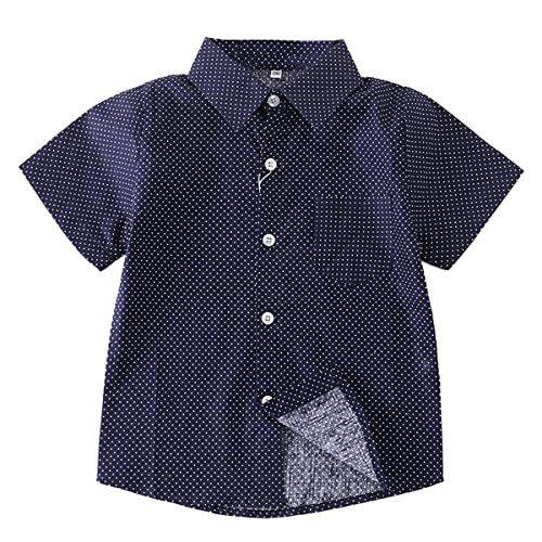 Unisex Kinder 100% Baumwolle Kurzarm Sommer Atmungsaktiv Shirts Freizeit Kariertes Hemd(Marineblau mit Weißen Punkten,100) von Machbaby