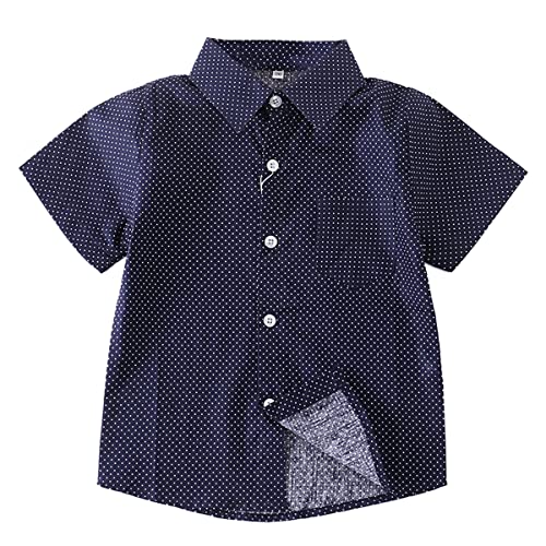 Unisex Kinder 100% Baumwolle Kurzarm Sommer Atmungsaktiv Shirts Freizeit Kariertes Hemd(Marineblau mit Weißen Punkten,140) von Machbaby