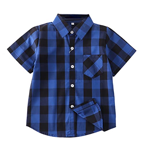 Unisex Kinder 100% Baumwolle Kurzarm Sommer Atmungsaktiv Shirts Freizeit Kariertes Hemd(Marineblau & Schwarz Kariert,130) von Machbaby