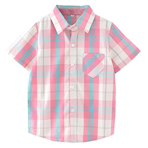 Unisex Kinder 100% Baumwolle Kurzarm Sommer Atmungsaktiv Shirts Freizeit Kariertes Hemd(Rosa,140) von Machbaby
