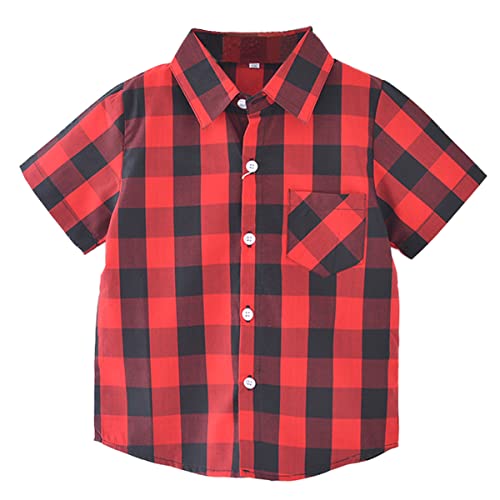 Unisex Kinder 100% Baumwolle Kurzarm Sommer Atmungsaktiv Shirts Freizeit Kariertes Hemd(Rot-schwarz Kariert,140) von Machbaby