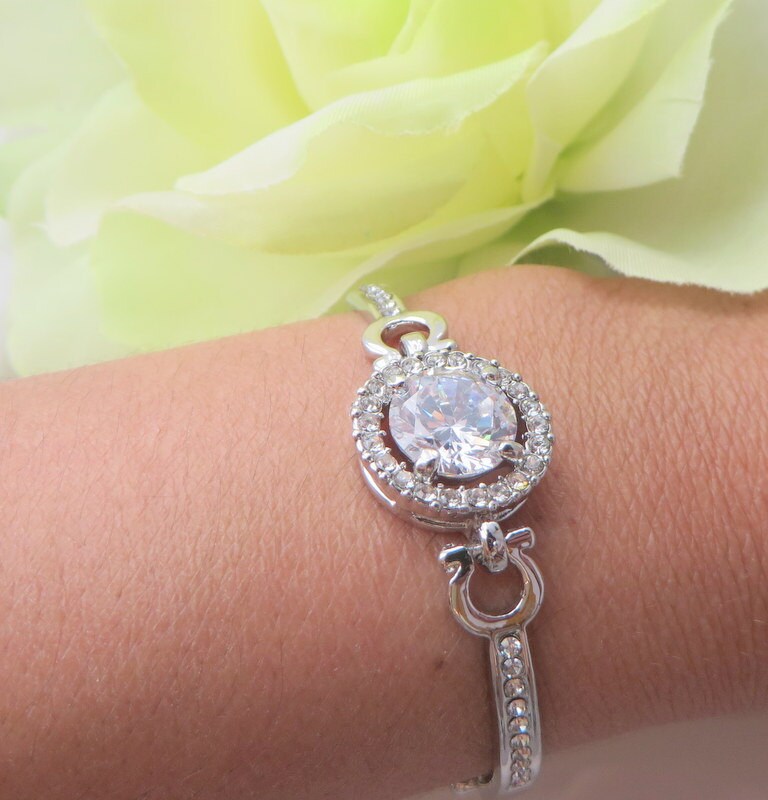 Brautarmband Weissgold Runder Cubic Zirkonia, Verstellbarer Armreif von MaciDesign