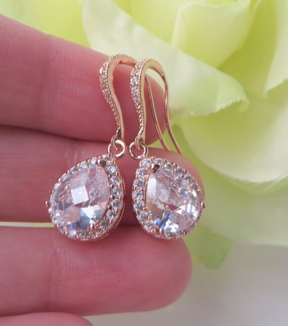 Rose Gold Cubic Zirconia Teardrop Ohrringe Braut Brautjungfer Schmuck von MaciDesign