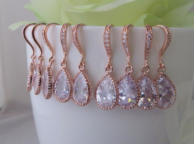 Rosegold Brautjungfern Ohrringe Cubic Zirconia Brautparty 4Er Set von MaciDesign