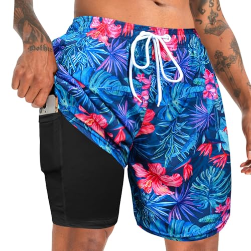 MaciRept Mens Swim Trunks with Compression Liner Bathing Suit 7 Inch Inseam Swimsuit Beach Swimming Shorts Men's Swimwear Board Shorts with Zipper Pockets von MaciRept