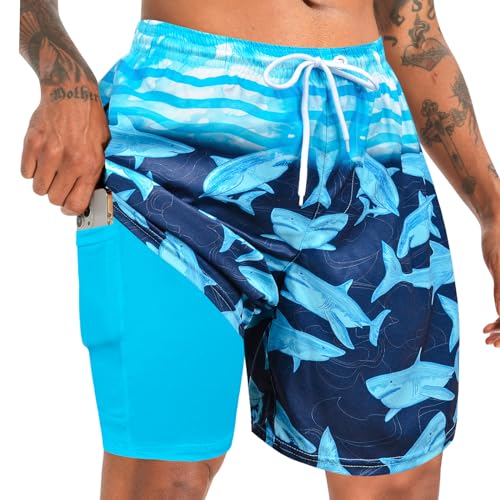 MaciRept Mens Swim Trunks with Compression Liner Bathing Suit 7 Inch Inseam Swimsuit Beach Swimming Shorts Men's Swimwear Board Shorts with Zipper Pockets von MaciRept