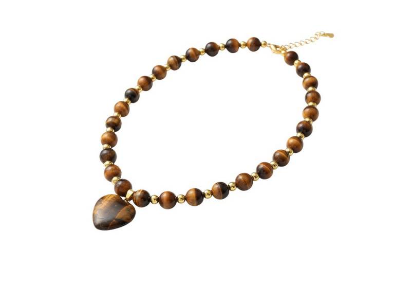 Macosa Home Kette mit Anhänger Halskette Damen Naturstein 42 cm Herz (Herzkette, verstellbar Damenhalskette), Tigerauge Schmuck für Frauen von Macosa Home