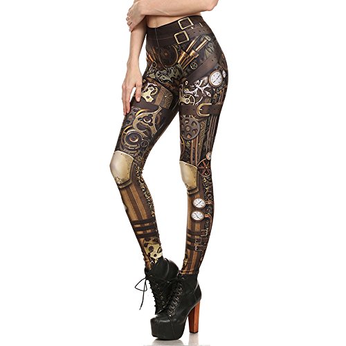 Mad Ink Damen Retro Punk Pioneer Warrior Digitaldruck Hohe Taille Stretch Leggings Sexy Tattoo Elastische Strumpfhose Weiche Hose, Steam Punk, X-Groß von Mad Ink