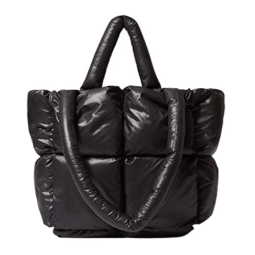 MadGrandeur Puffer Tote Bag Damen Glänzend Gesteppt Puffy Tote Bag Down Gepolsterte Umhängetasche Niedliche Handtasche Ästhetische Handtasche, Schwarz, Large von MadGrandeur