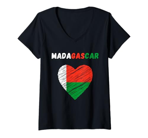Damen Madagaskar-Flagge Urlaub Madagaskar Herz madagassische Flagge T-Shirt mit V-Ausschnitt von Madagascar Flag Madagascar Heart Malagasy Flag