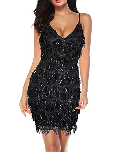 Damen inspirierte Pailletten verzierte Fransen Gatsby 1920er Jahre V-Ausschnitt Club Ballkleid, Schwarz, X-Groß von Madam Uniq