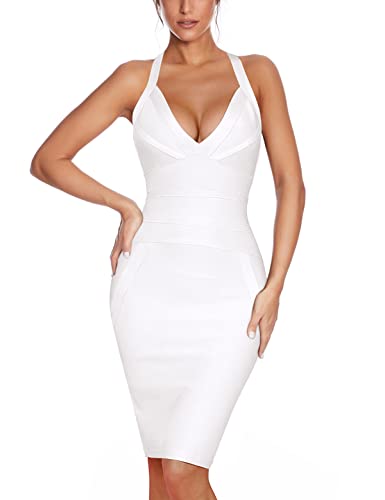 Damen Neckholder V-Ausschnitt Bandage Kleider Rückenfrei Mini Halbformal Bodycon Kleid, A-weiß, Mittel von Madam Uniq