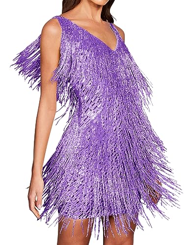 Madam Uniq Damen Quaste formelles Kleid Träger Pailletten Mini Elegant Abend Prom Party Club Tanzkleid, C-violett, Klein von Madam Uniq