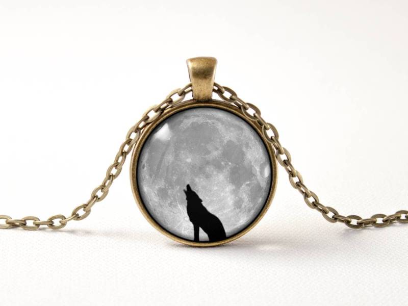 Howling Wolf Wolf Anhänger Und Mond Mann Halskette Tier Vollmond Frauen Glasanhänger Geschenk Grauer Schwarzer von MadamIris