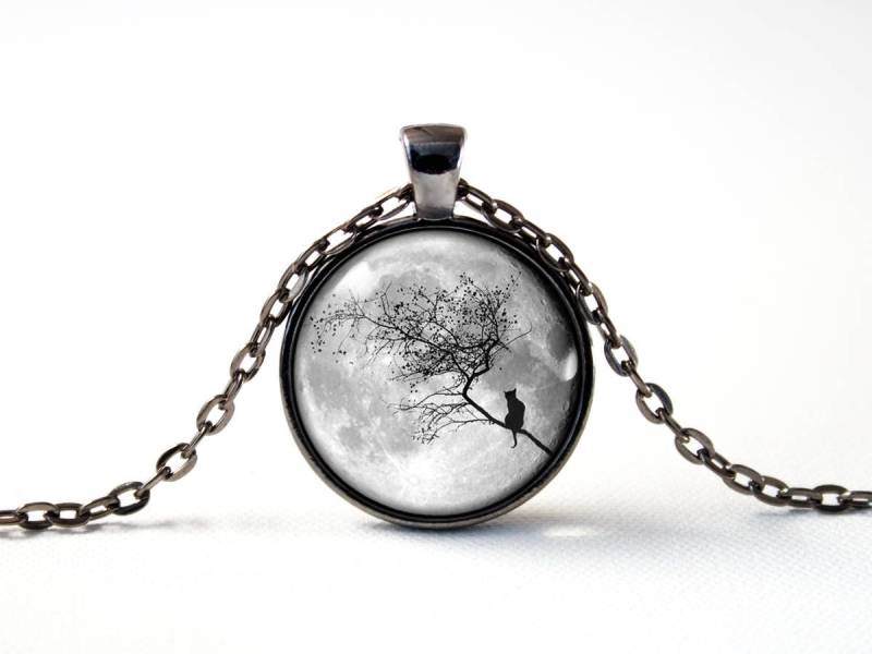 Katze Und Mond Halskette Liebhaber Geschenk Schmuck Vollmond Anhänger Gazing von MadamIris