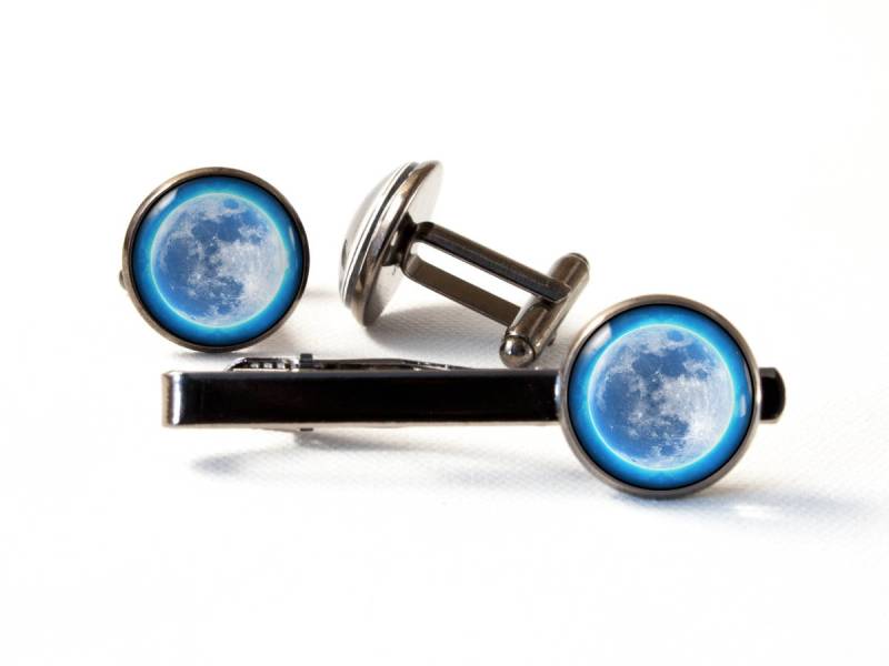 Mond Schmuck Blue Moon Set Manschettenknöpfe Krawattennadel Platz Luna-Krawattennadel Bar Geschenk Für Freund Vollmond Lunar Zu Binden von MadamIris