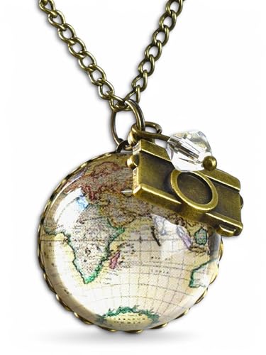 GLOBETROTTER Damen Kette Weltkartenkette mit Kamera - Handgemacht von MadamLili