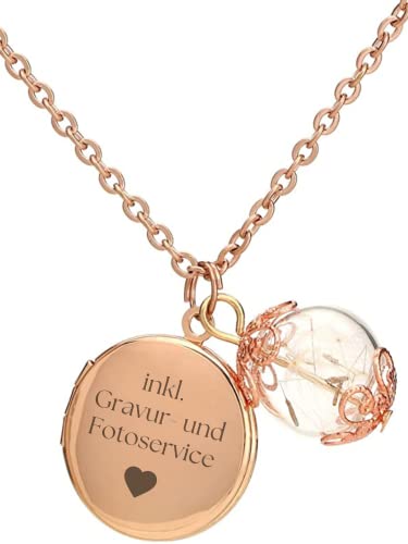 Personalisierte Kette Foto Medaillon mit Pusteblumen Anhänger Inkl. Fotoservice - Rosegold - Kette 70cm - Naturschmuck - Exklusive Geschenkbox von MadamLili