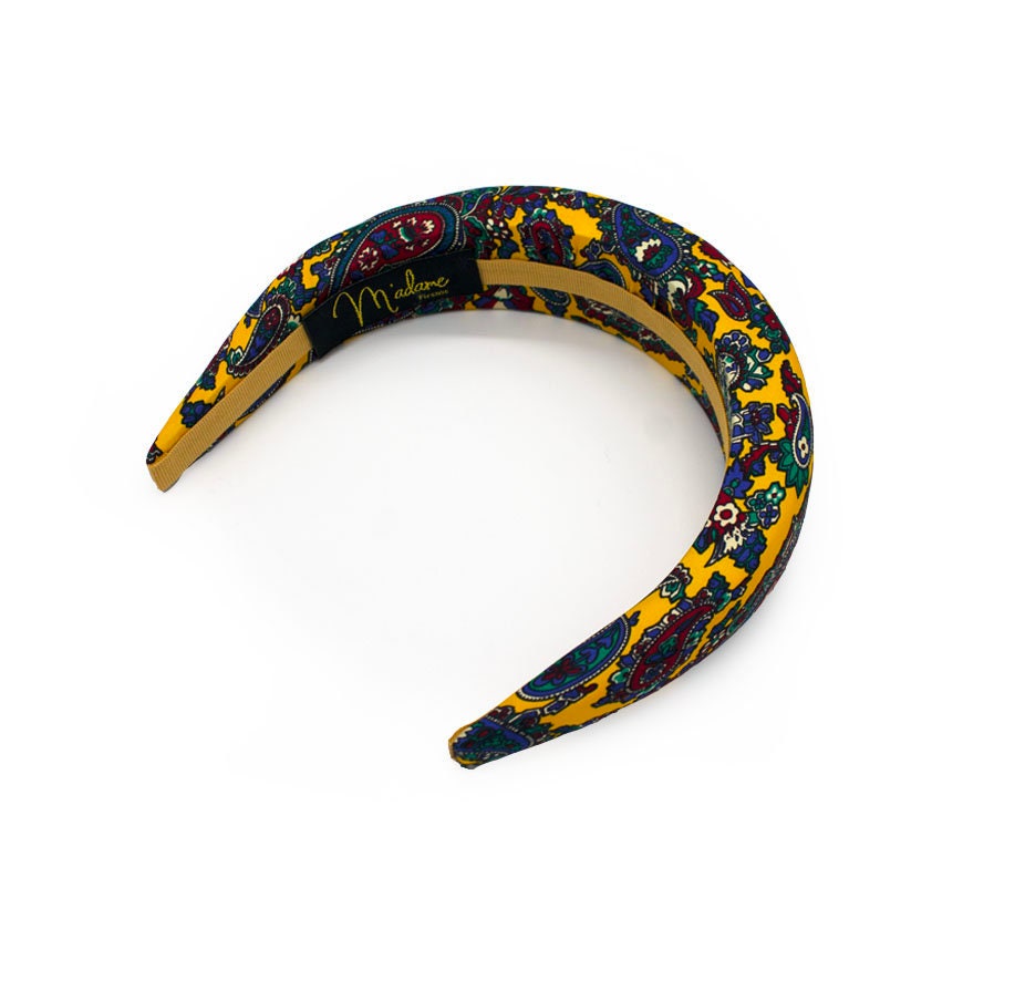 Cerchietto Bombato in Seta Vintage Motivo Paisley Gepolsterte Gelbe Seide Haarband Paisley Muster von MadameFirenze