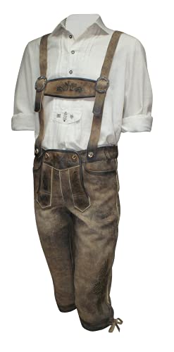 Lederhose Trachtenlederhose Kniebundhose Hirschleder-Optik Patina braun speckig Trachtenhose Stickerei Trachten-Kniebund-Hose Leder Knickerbocker Wildbockleder Antik mit Träger, Größe:48 von Maddox