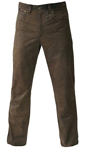 MADDOX Lederhose Glattleder Hose Leder Trachtenhose lang Trachten Lederjeans braun Robustes Nubukleder Biker Jeans Antik-Patina Trachtenlederhose Five-Pocket Reißverschluß Zipp, Größe:35W von MADDOX