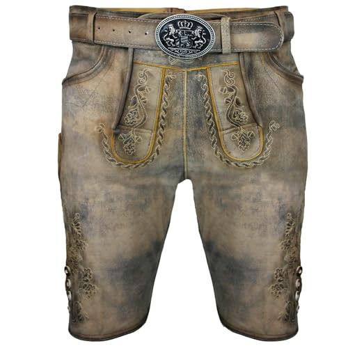 Maddox Kurze Herren Lederhose Horn mit Gürtel | Antik W. Grau 48 von Maddox