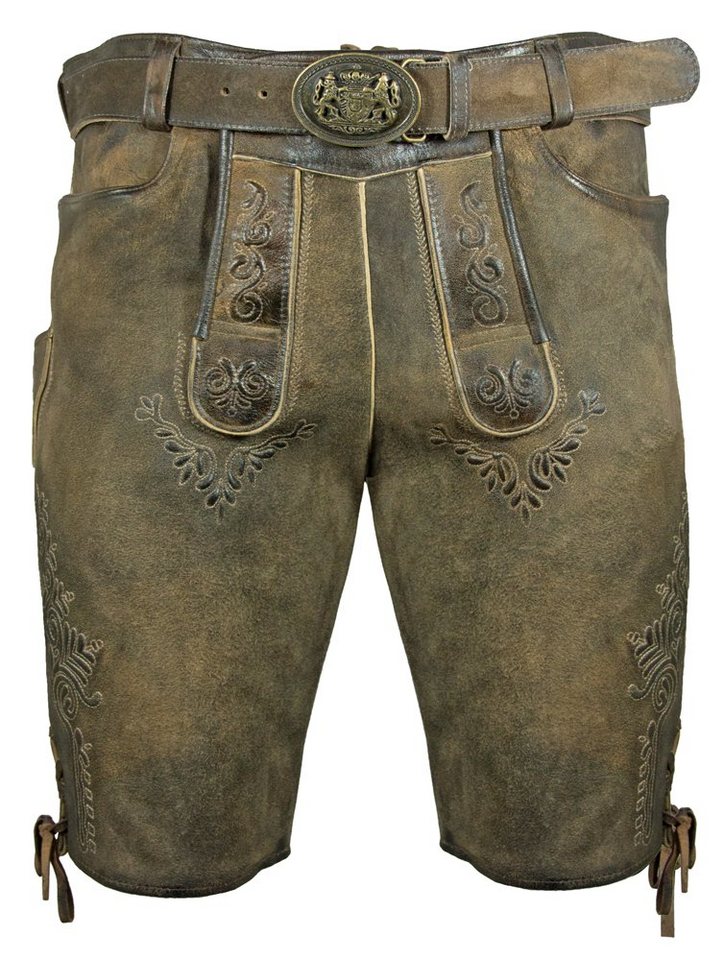 Maddox Trachtenlederhose "Herbert" mit Gürtel - Antik Erle, Kurze Herren mit Stickereien von Maddox