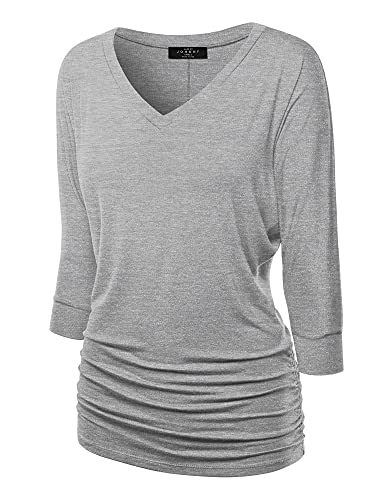 Made By Johnny Damen V-Ausschnitt/U-Boot-Ausschnitt 3/4 Ärmel Drape Dolman Shirt Top mit Seitlicher Raffung - Grau - X-Groß von Made By Johnny