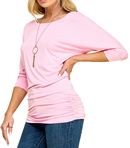 Made By Johnny Damen V-Ausschnitt/U-Boot-Ausschnitt 3/4 Ärmel Drape Dolman Shirt Top mit Seitlicher Raffung - Pink - Mittel von Made By Johnny
