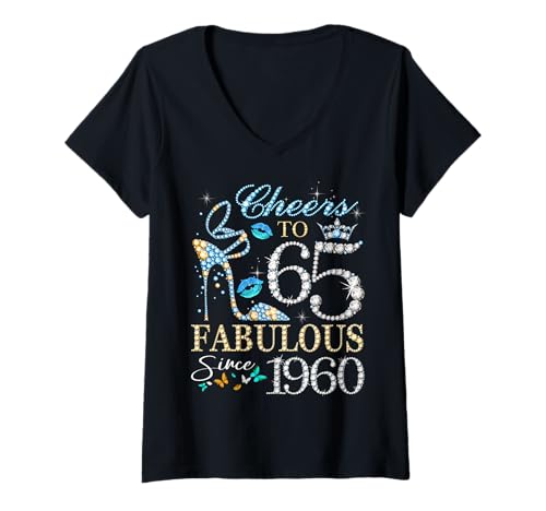Damen Womens Cheers to 65 Years Old EST 1960 65th Birthday Queen T-Shirt mit V-Ausschnitt von Made In 1960 Gifts 65 Years Old Birthday Diamond