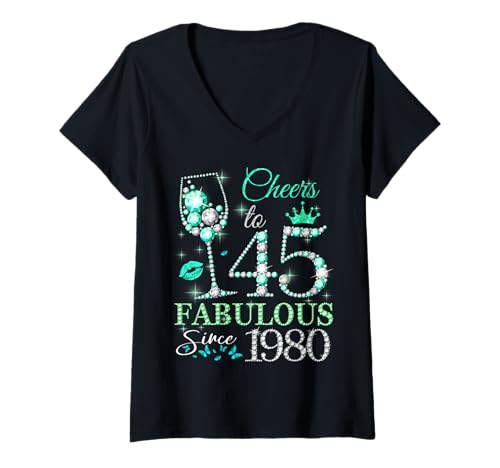 Damen Womens Cheers to 45 Years Old EST 1980 45th Birthday Queen T-Shirt mit V-Ausschnitt von Made In 1980 Gifts 45 Years Old Birthday Diamond
